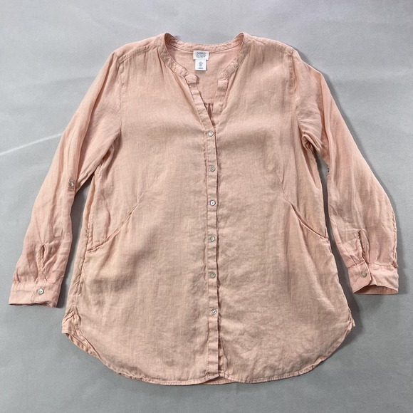 Sigrid Olsen Linen Top Women Large Peach Tunic Pockets Roll Tab Sleeve - Picture 6 of 12
